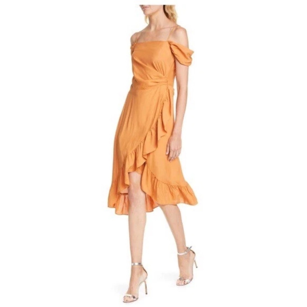 New! NWT MAJE Wrap Effect Cold Shoulder Ruffle Midi Dress in Terracotta
